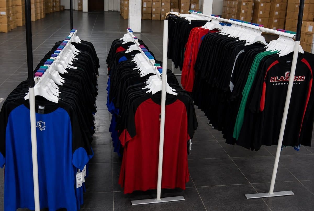 Finished garments on racks before packing