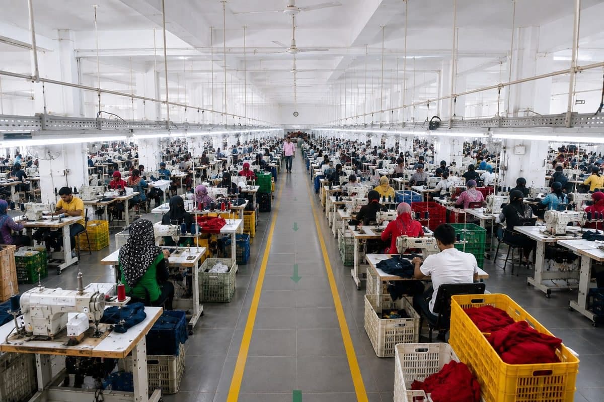 Twelve balanced sewing lines running the full length of the hall